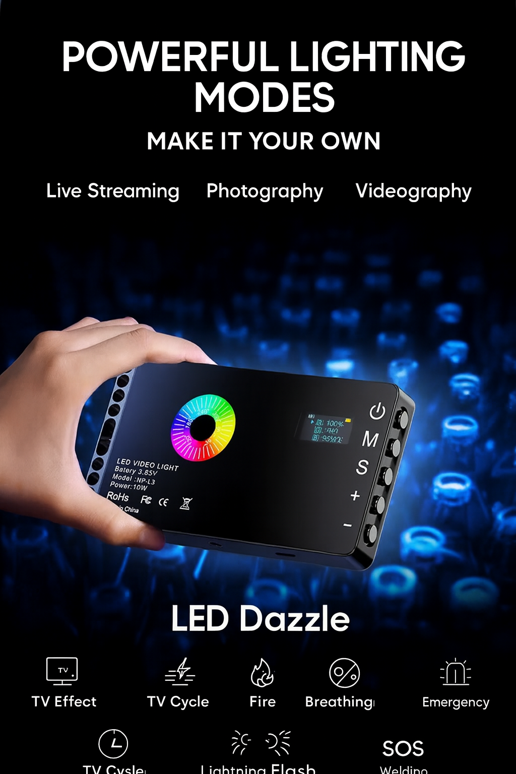 Professionele lamp met RGB-kleuren + powerbank